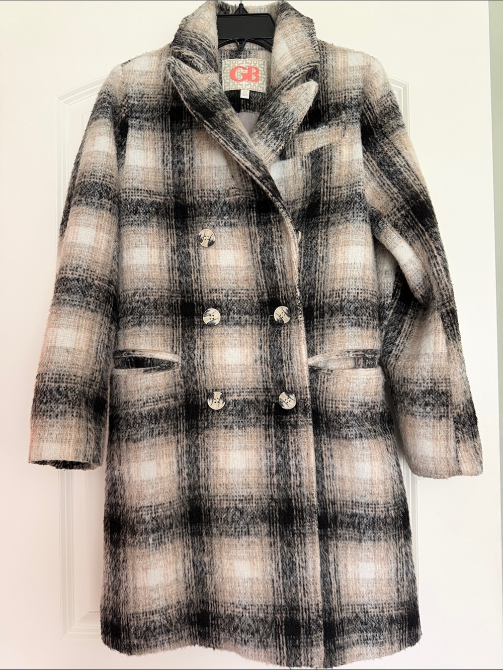 Gianni Bini Black, Cream & Gray Plaid Double-Breasted Wool-Blend Coat
